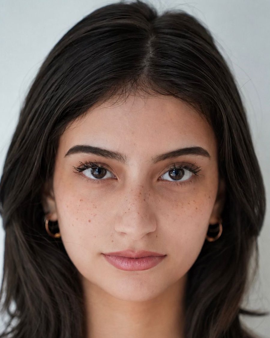 Portrait of Aisha against a pale wall, hair down, gold pendant at her neck.
